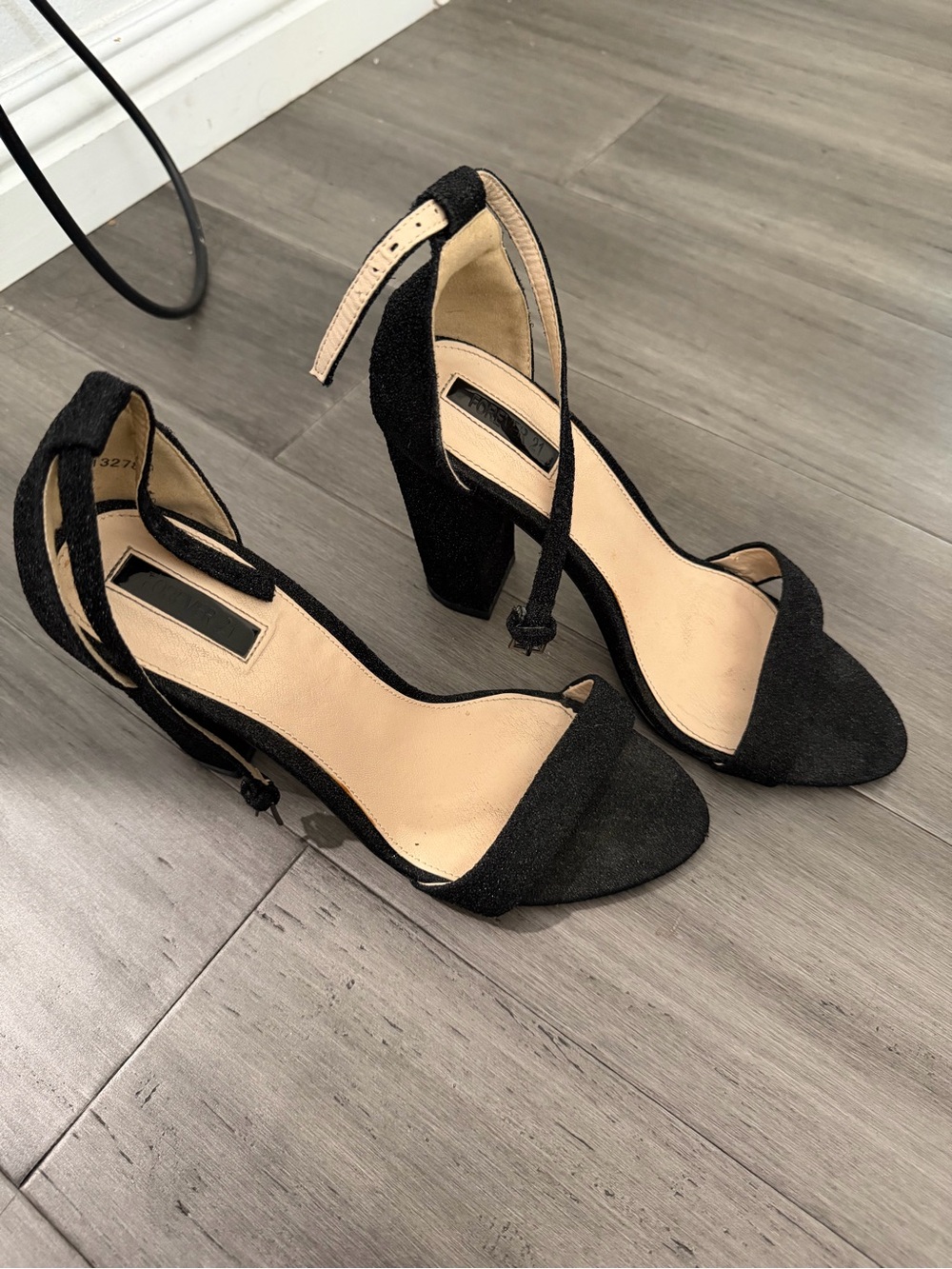Forever 21 Black Glitter Ankle-Strap Block Heels